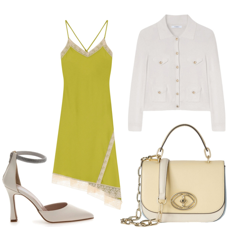 Outfit donna - È già estate. Stile Chic per Serata fuori. Abbinamento con vestiti asimmetrici, décolleté, borse a tracolla, cardigans.