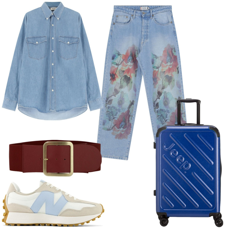Outfit donna - Stampe floreali. Stile Basic per Tutti i giorni. Abbinamento con sneakers, jeans dritti, camicie, cinture, valigie.