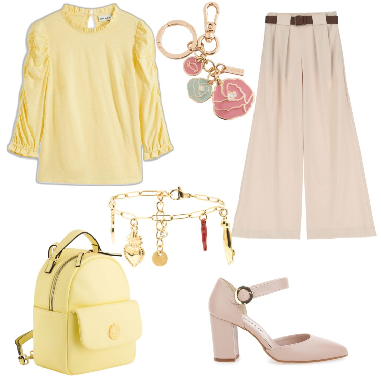 Outfit donna - Burro e cipria. Stile Trendy per Ufficio. Abbinamento con maglieria, braccialetti, pantaloni a palazzo, décolleté, portachiavi, zaini.