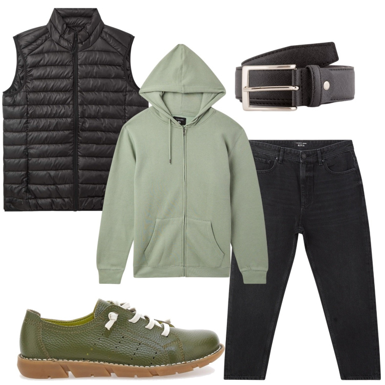 Outfit uomo - Comfort style. Stile Urban per Tutti i giorni. Abbinamento con felpe con cappuccio, piumini, jeans, sneakers, cinture.
