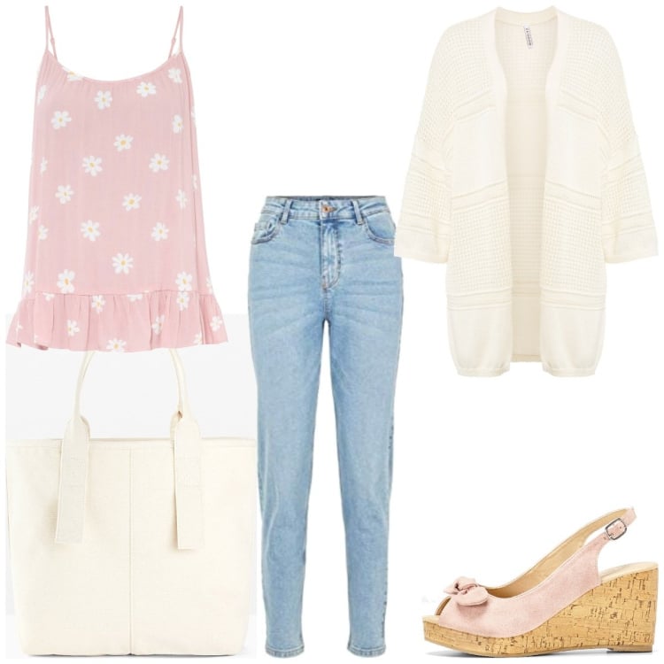 Outfit femme - Tendre printemps. Style Basique pour Tous les jours. Assortir avec hauts, gilets, chaussures à semelle compensée, sac cabas, jeans mom.