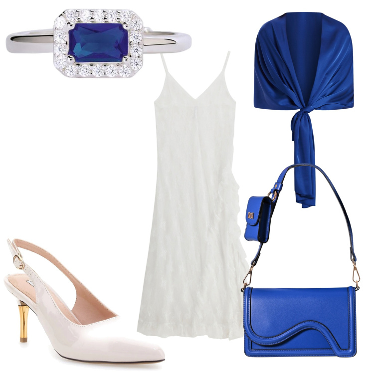 Outfit donna - Chic. Stile Chic per Serata fuori. Abbinamento con anelli, pochette, stole, vestiti midi/longuette, décolleté.