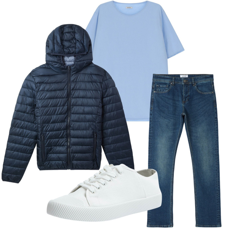 Outfit uomo - Disinvolto in blu. Stile Casual per Tutti i giorni. Abbinamento con piumini, jeans dritti, sneakers, t-shirt.