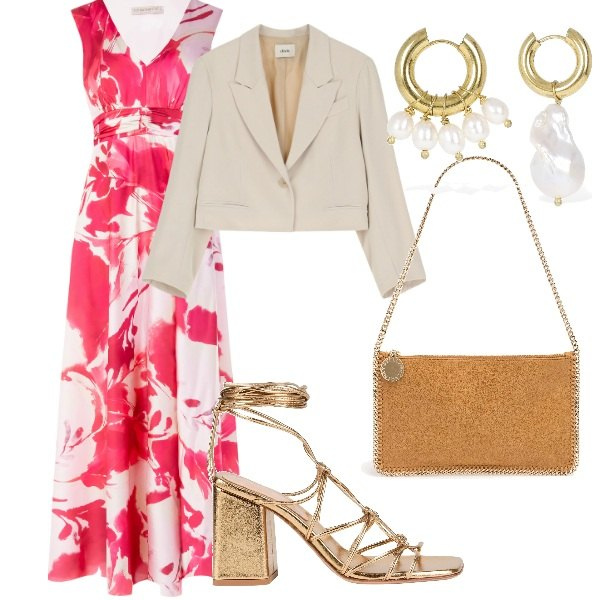 Outfit donna - Cerimonia in Aprile. Stile Glamour per Cerimonia. Abbinamento con sandali in pelle, vestiti lunghi, blazer, pochette, orecchini.
