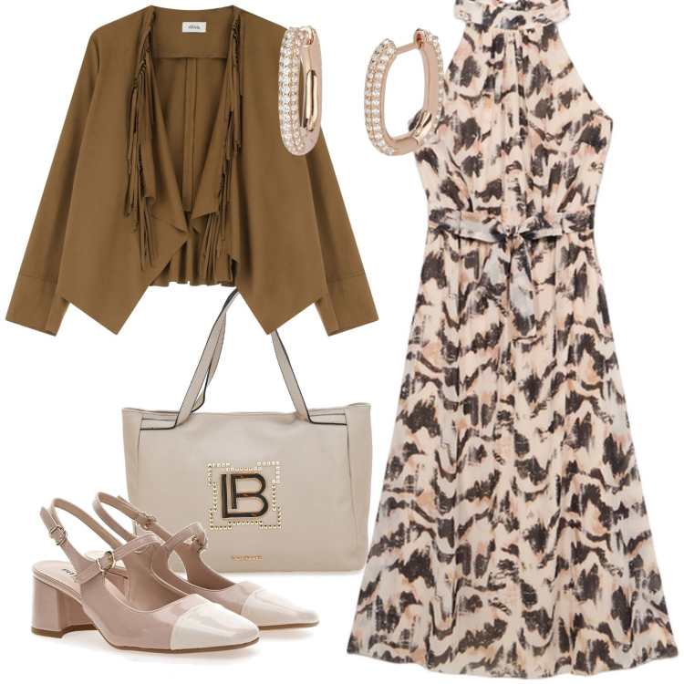Outfit donna - Anniversario di nozze. Stile Chic per Cerimonia. Abbinamento con orecchini, blazer, décolleté, borse a spalla, vestiti lunghi.