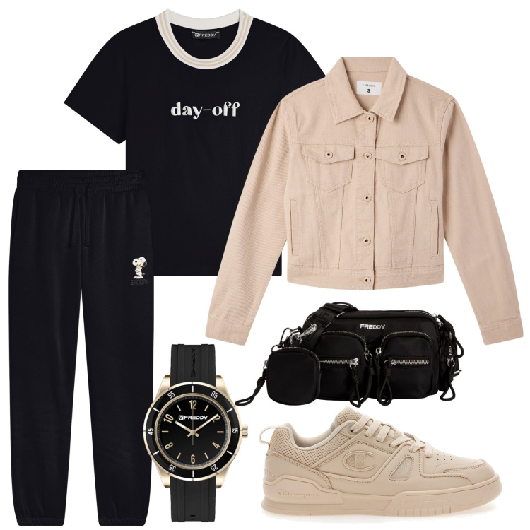 Outfit donna - Total look #2101240. Stile Casual per Tutti i giorni. Abbinamento con blazer, pantaloni, t-shirt, borse a tracolla, orologi, sneakers.