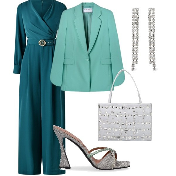 Outfit donna - Cerimonia in Aprile. Stile Glamour per Cerimonia. Abbinamento con tute, sandali in pelle, blazer, borse a spalla, orecchini.