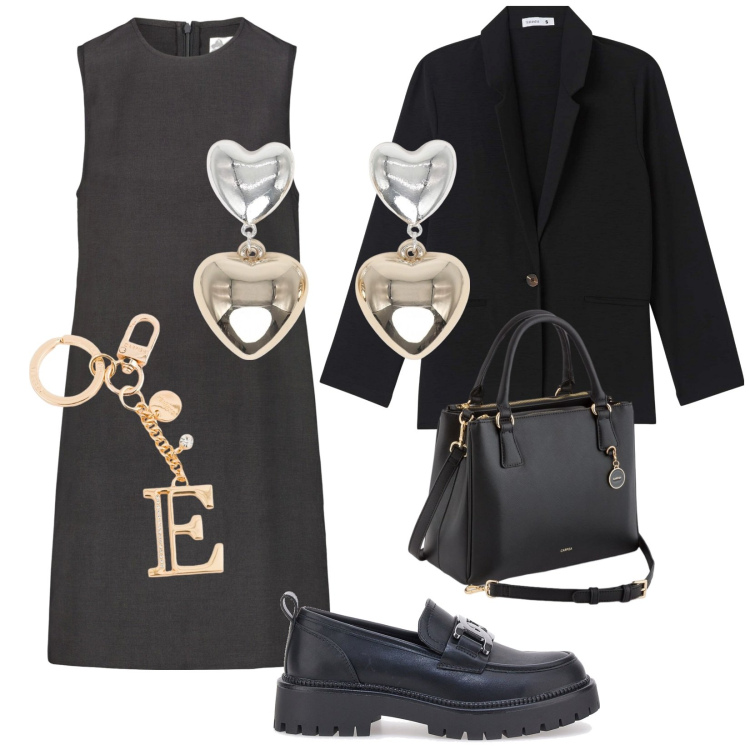 Outfit donna - Ester. Stile Vintage retrò per Ufficio. Abbinamento con blazer, orecchini, mocassini, vestiti a tubino, portachiavi, borse a mano.