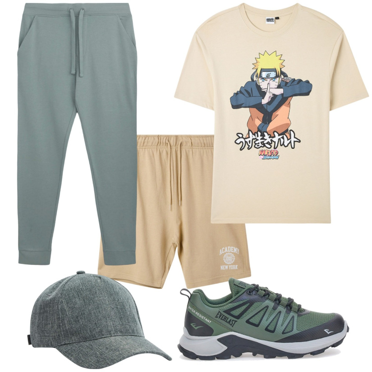 Outfit uomo - Naruto. Stile Casual per Tutti i giorni. Abbinamento con cappelli, t-shirt, pantaloni, pantaloncini sportivi, sneakers.