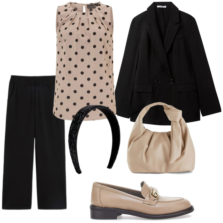 Outfit donna - Total look #2101250. Stile Bon Ton per Ufficio. Abbinamento con top, pantaloni a palazzo, borse a mano, blazer, mocassini, cerchietti.