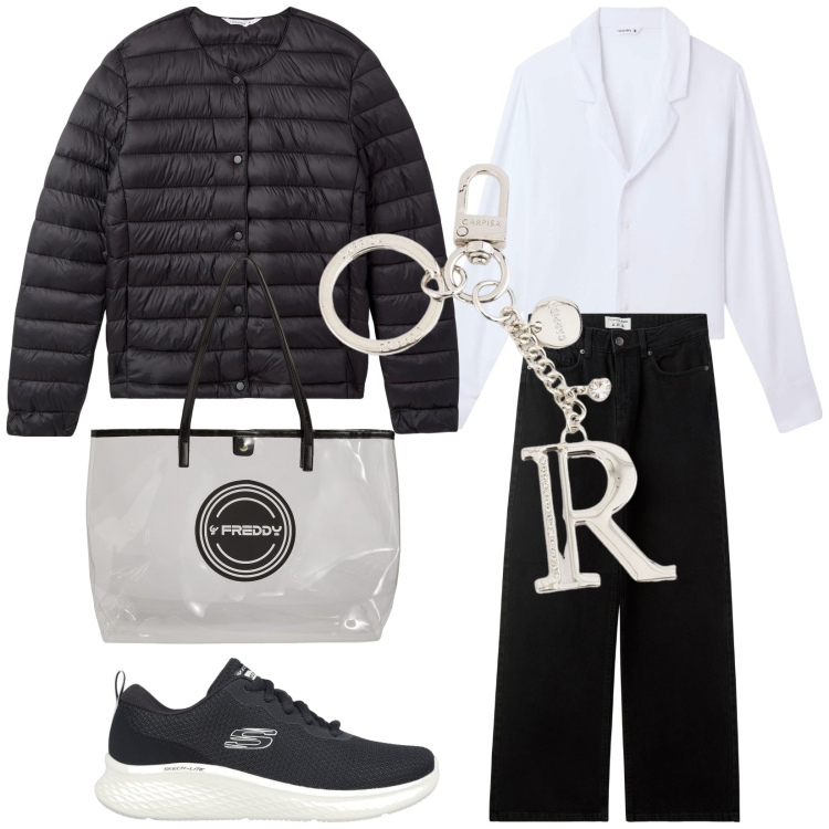 Outfit donna - Ramona. Stile Basic per Tutti i giorni. Abbinamento con camicie, jeans, piumini, shopping bag, sneakers, portachiavi.