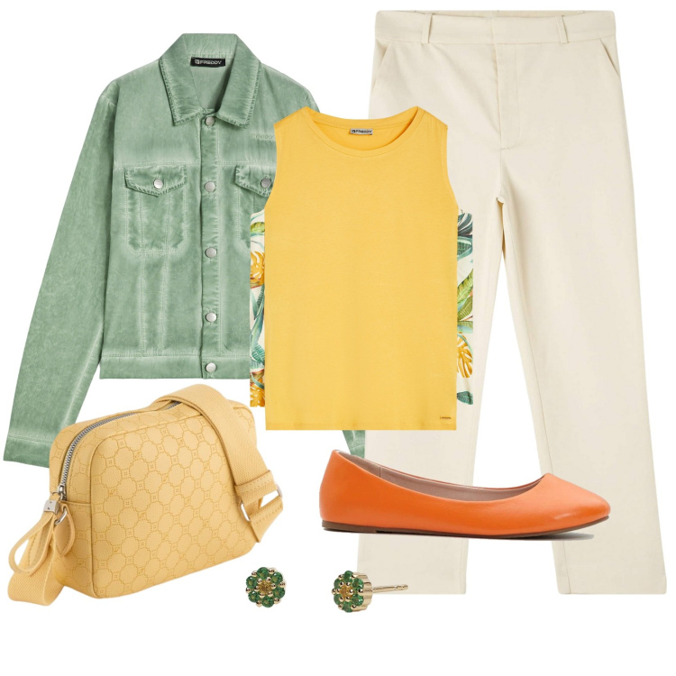 Outfit donna - Primavera di colori. Stile Casual per Tutti i giorni. Abbinamento con ballerine, pantaloni chino, orecchini, blazer, canottiere, borse a tracolla.