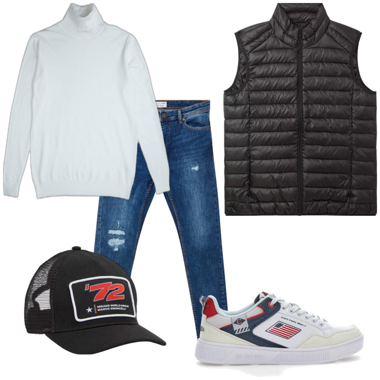 Outfit uomo - Total look #2101254. Stile Casual per Tutti i giorni. Abbinamento con cappelli, piumini, jeans strappati, pullovers, sneakers.
