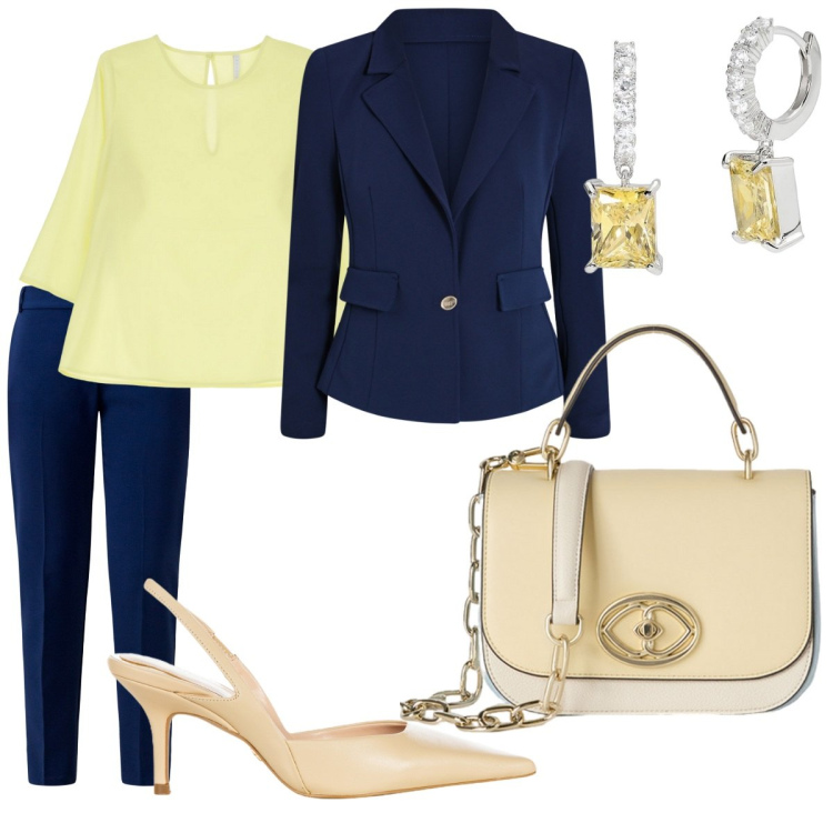 Outfit donna - Giallo e blu. Stile Bon Ton per Serata fuori. Abbinamento con orecchini, blazer, pantaloni, décolleté, bluse, borse a tracolla.