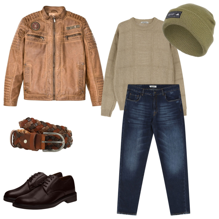 Outfit uomo - Total look #2101258. Stile Business/Elegante per Ufficio. Abbinamento con giacche, pullovers, cinture, jeans dritti, scarpe stringate, berretti.