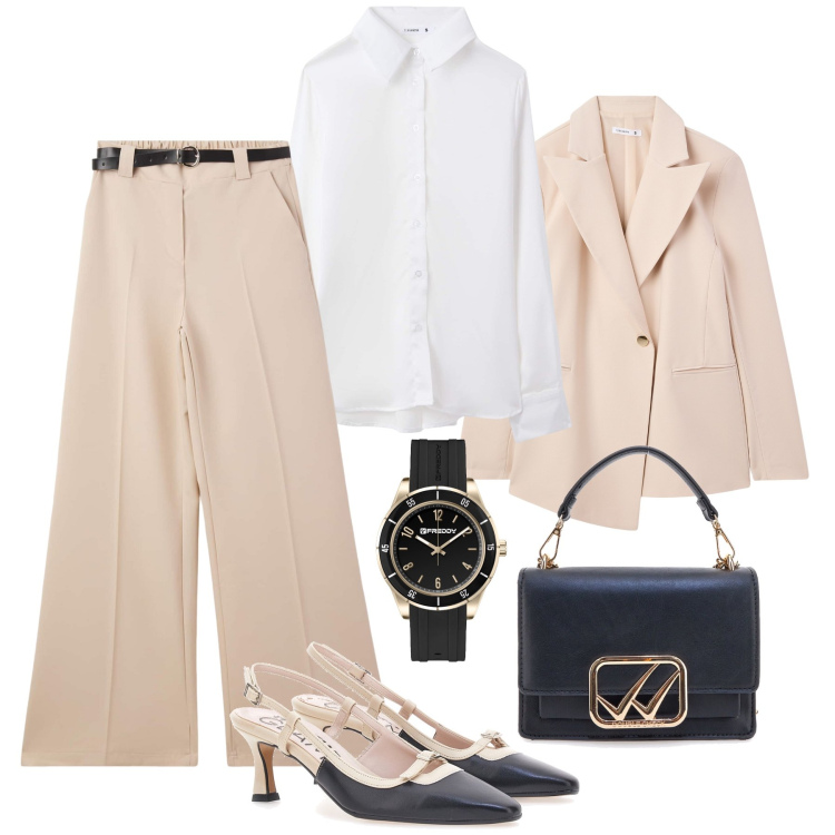 Outfit donna - Ufficio a primavera. Stile Bon Ton per Ufficio. Abbinamento con pantaloni, blazer, camicie, orologi, décolleté, borse a tracolla.