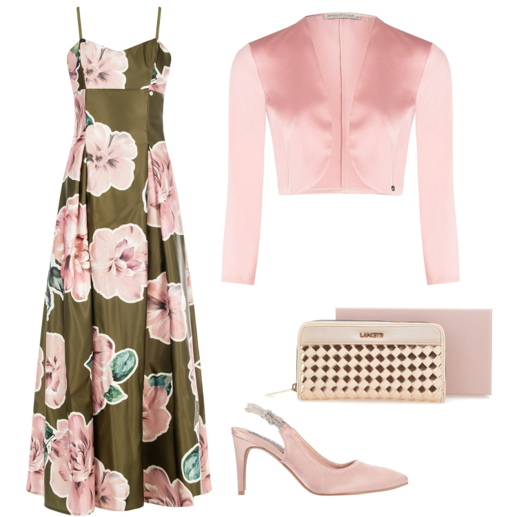 Outfit donna - Cerimonia con il vestito a fiori. Stile Chic per Cerimonia. Abbinamento con décolleté, vestiti lunghi, bolero, portafogli.
