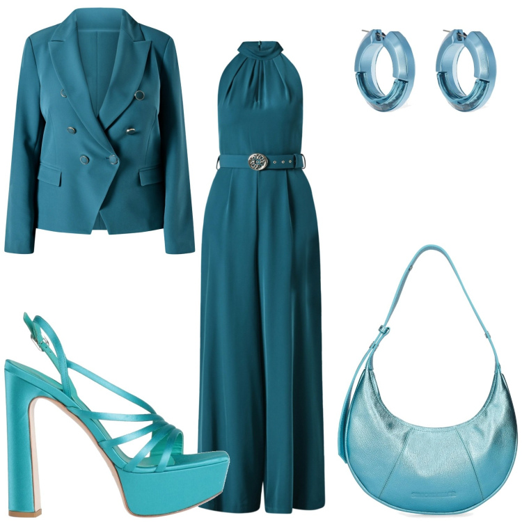 Outfit donna - Matrimonio di sera. Stile Chic per Cerimonia. Abbinamento con sandali in pelle, tute, blazer, orecchini, borse a spalla.