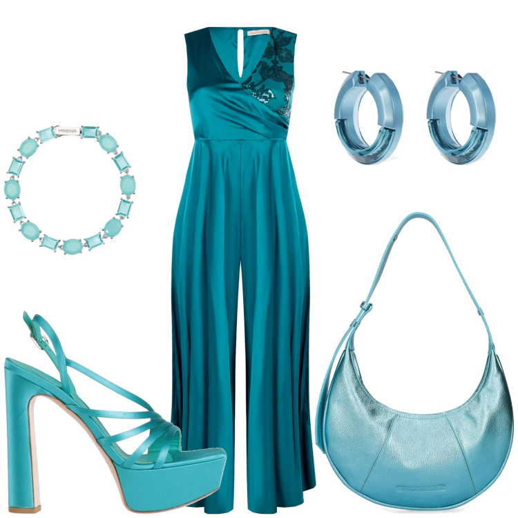 Outfit donna - Elegante invitata. Stile Glamour per Cerimonia. Abbinamento con sandali in pelle, tute, braccialetti, borse a spalla, orecchini.
