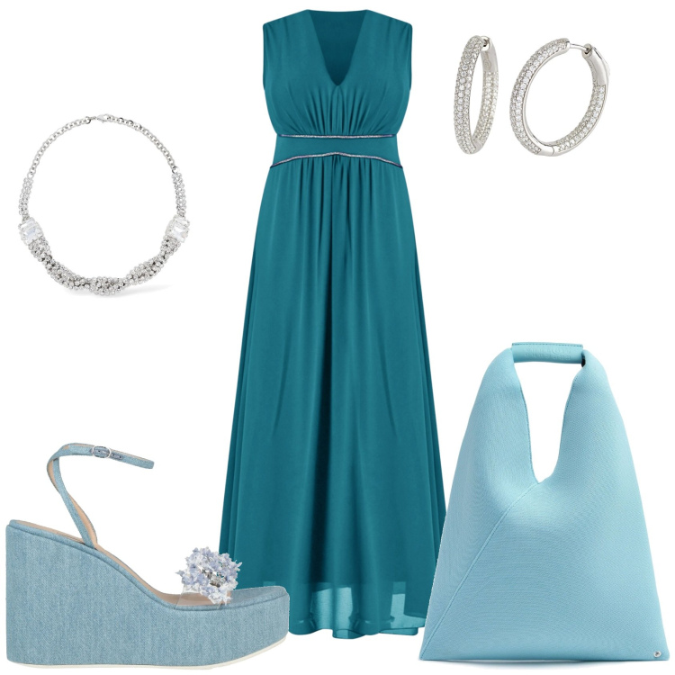 Outfit donna - Serata elegante. Stile Glamour per Serata fuori. Abbinamento con sandali in pelle, vestiti lunghi, orecchini, collane, borse a mano.