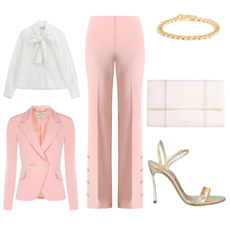 Outfit donna - Laurea. Stile Chic per Cerimonia. look ideale per Tall. Abbinamento con borse a mano, sandali in pelle, camicie, pantaloni a palazzo, blazer, braccialetti.