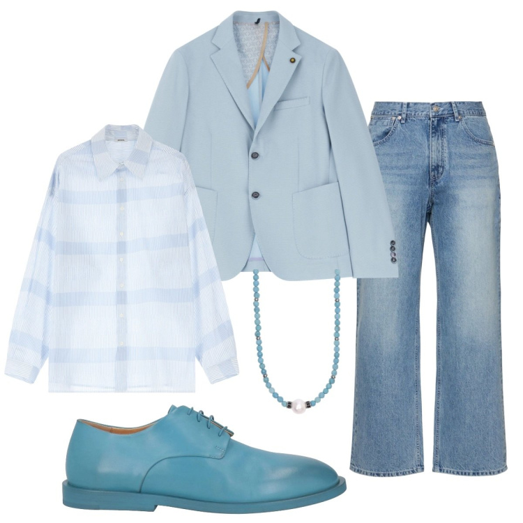 Outfit uomo - Total look #2101284. Stile Trendy per Tutti i giorni. Abbinamento con scarpe stringate, collane, camicie, giacche, jeans.