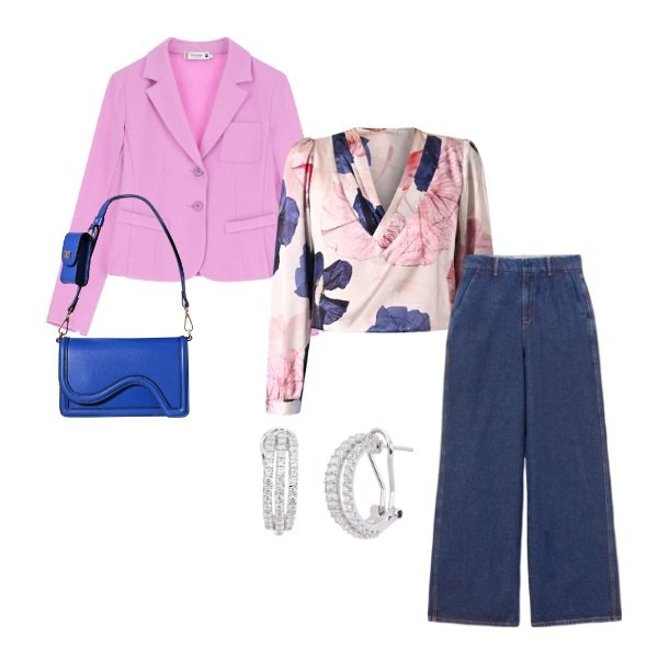 Outfit donna - Rosa shocking e blu elettrico!. Stile Chic per Tutti i giorni. Abbinamento con sandali in pelle, orecchini, bluse, pochette, blazer, jeans.