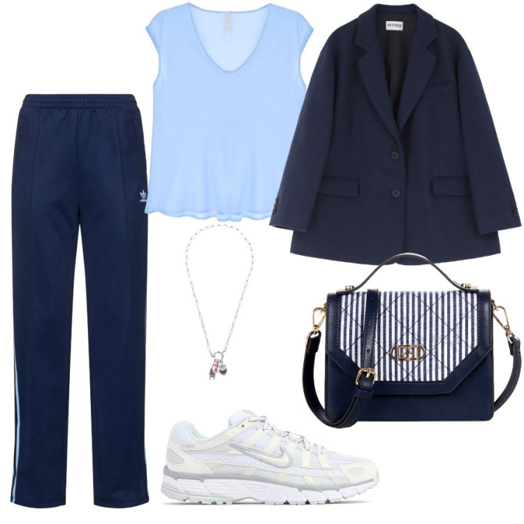 Outfit donna - Sporty chic. Stile Sporty chic per Tutti i giorni. Abbinamento con borse a mano, top, ciondoli, blazer, pantaloni sportivi, sneakers.