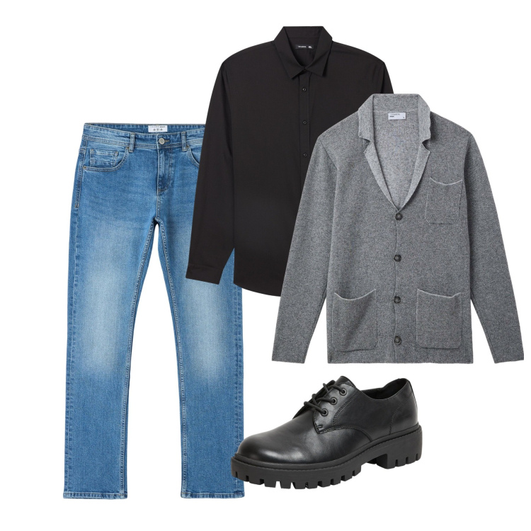 Outfit uomo - Grigio, nero e denim. Stile Casual per Tutti i giorni. Abbinamento con camicie, jeans dritti, scarpe stringate, giacche.