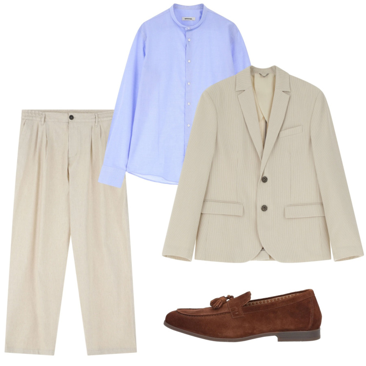 Outfit uomo - Dandy sand. Stile Trendy per Tutti i giorni. Abbinamento con scarpe stringate, pantaloni, giacche, camicie.
