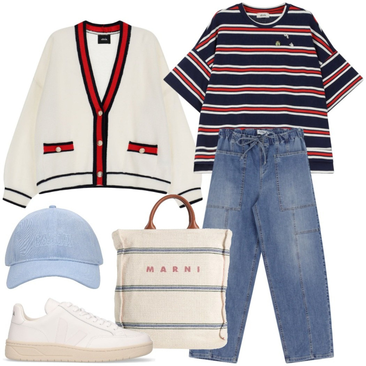 Outfit donna - In biblioteca. Stile Urban per Scuola/Università. Abbinamento con borse a mano, jeans, cardigans, t-shirt, sneakers, cappelli.