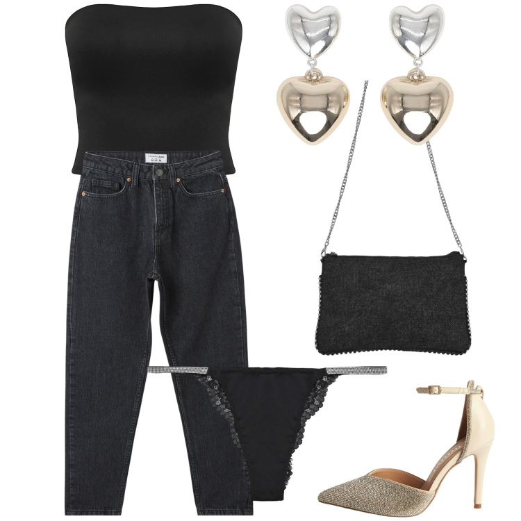 Outfit donna - Serata in Terranova. Stile Sexy per Serata fuori. Abbinamento con jeans mom, décolleté, orecchini, culotte, borse a tracolla, top.