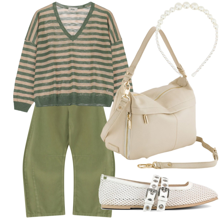 Outfit donna - Brioche e cappuccino pre ufficio. Stile Trendy per Tutti i giorni. Abbinamento con pantaloni, maglieria, cerchietti, ballerine, borse a tracolla.