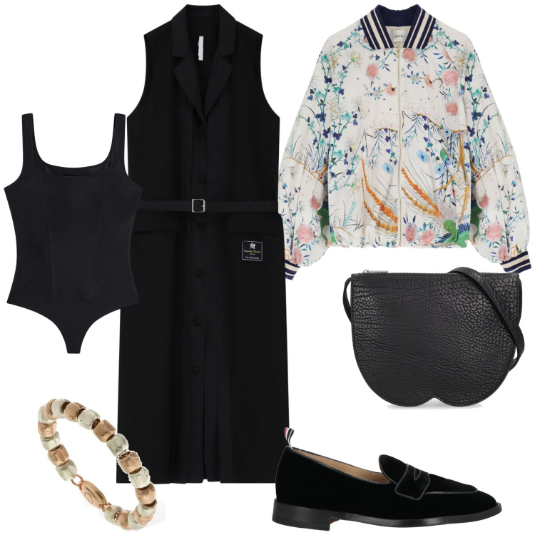 Outfit donna - Il bomber fiorito. Stile Urban per Tutti i giorni. Abbinamento con mocassini, vestiti chemisier, body, bomber, anelli, borse a spalla.