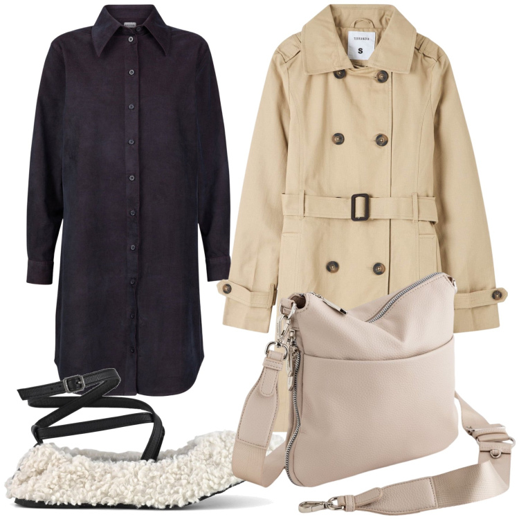 Outfit donna - All alba fa freddo. Stile Urban per Tutti i giorni. Abbinamento con trench, vestiti chemisier, ballerine, borse a tracolla.