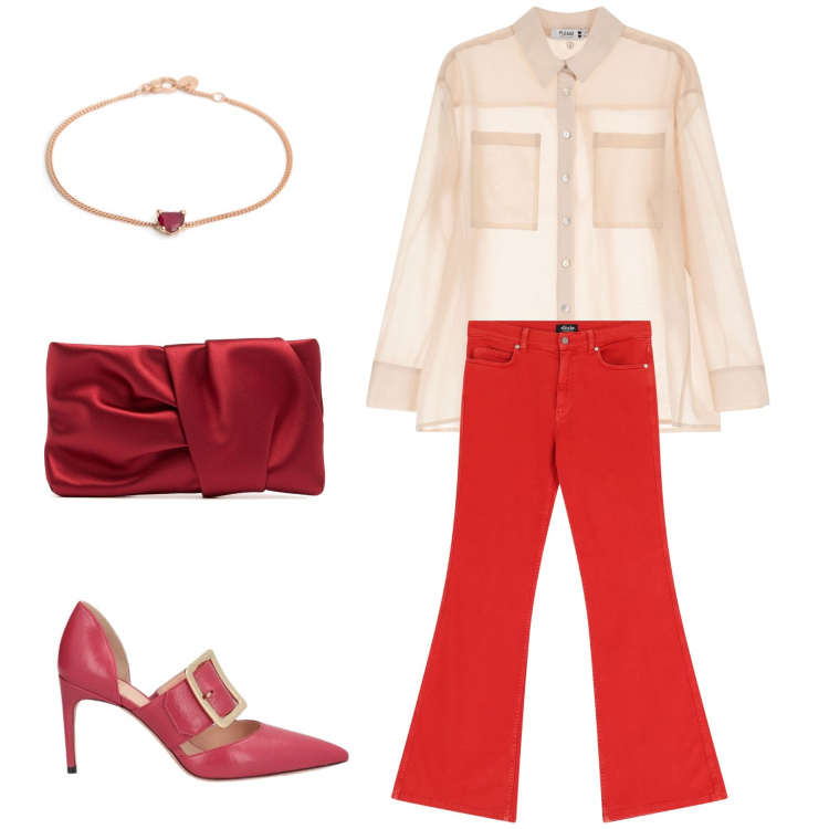 Outfit donna - Serata in pantaloni. Stile Glamour per Serata fuori. Abbinamento con décolleté, camicie, pantaloni, braccialetti, pochette.