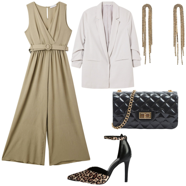 Outfit donna - Occasioni speciali. Stile Glamour per Cerimonia. Abbinamento con tute, blazer, borse a tracolla, décolleté, orecchini.