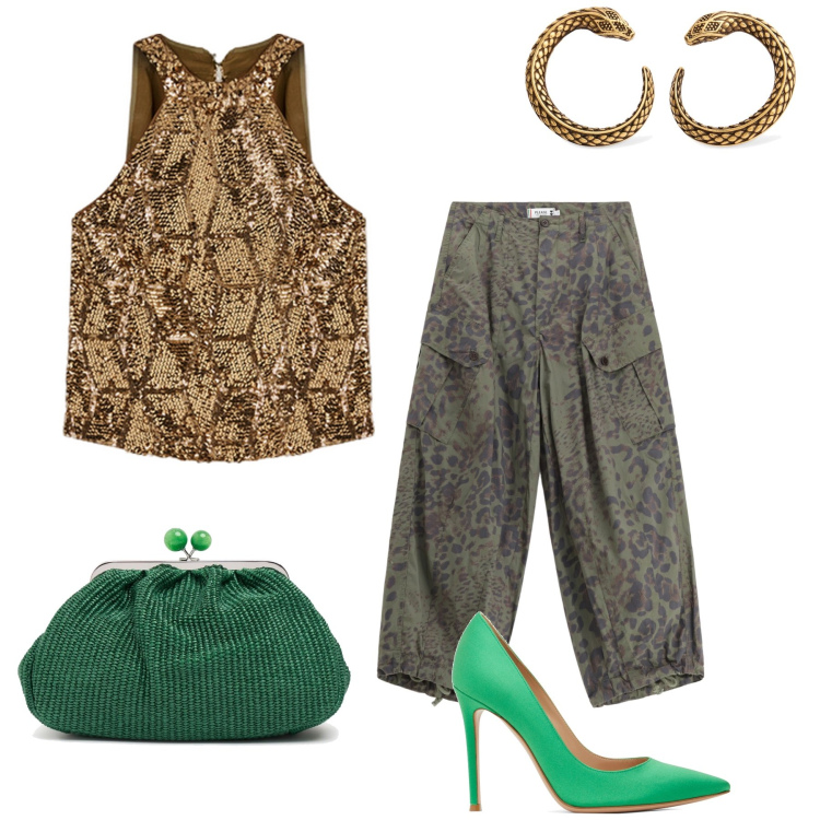 Outfit donna - Serata animalier. Stile Glamour per Serata fuori. Abbinamento con pantaloni cargo, top, décolleté, orecchini, pochette.