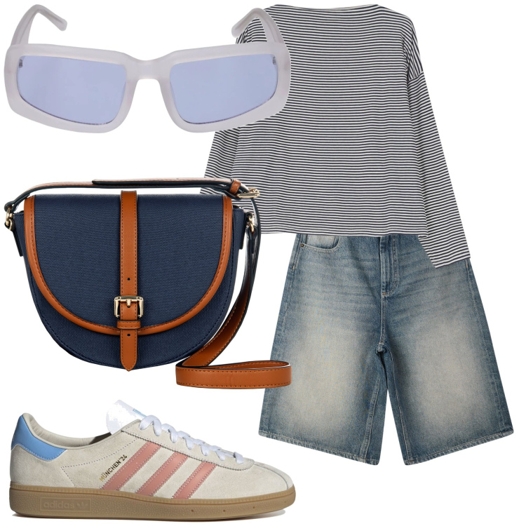 Outfit donna - Io vivo al mare. Stile Casual chic per Mare. Abbinamento con bermuda, borse a tracolla, maglieria, sneakers, occhiali da sole.