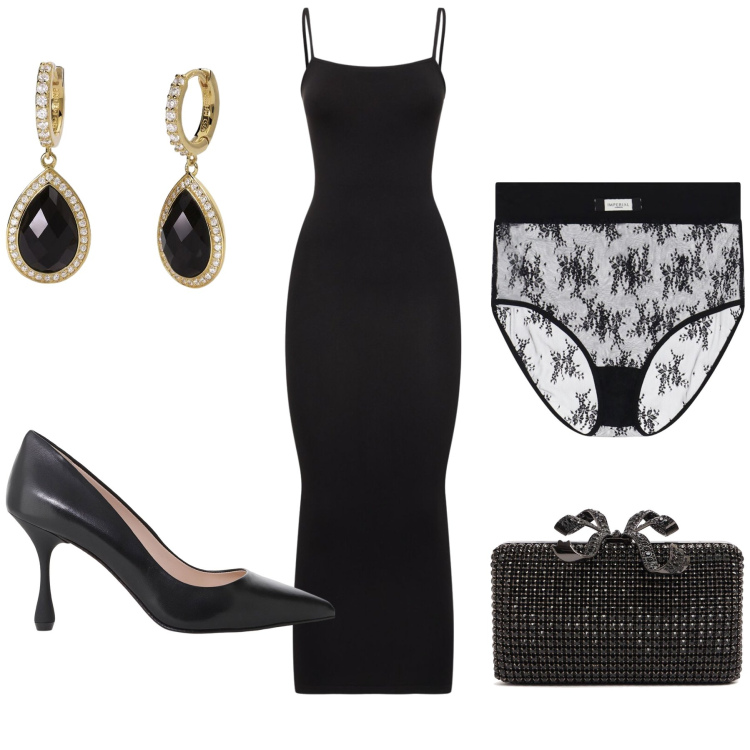 Outfit donna - All black all chic. Stile Sexy per Serata fuori. Abbinamento con orecchini, slip, décolleté, vestiti midi/longuette, pochette.