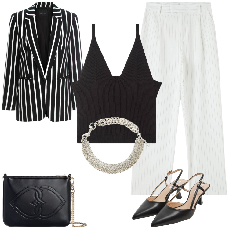 Outfit donna - Righe verticali per lo spezzato. Stile Casual chic per Cerimonia. Abbinamento con blazer, sabot, top, pantaloni, collane, pochette.
