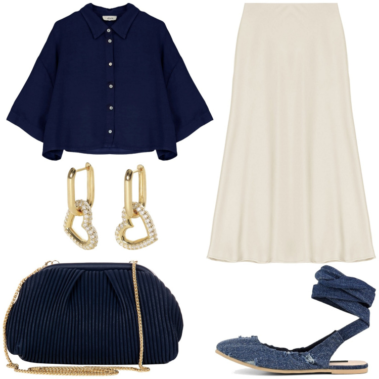Outfit donna - Mix di stili per la città. Stile Casual chic per Tutti i giorni. Abbinamento con orecchini, pochette, gonne longuette, camicie, ballerine.
