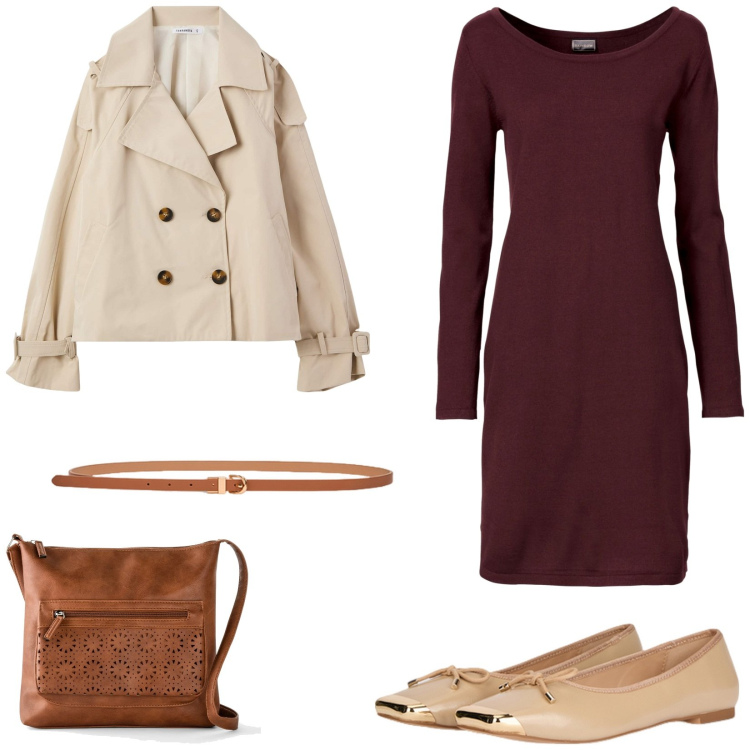 Outfit donna - Tubino e mini trench. Stile Casual chic per Tutti i giorni. Abbinamento con vestiti lunghi, borse a tracolla, trench, ballerine, cinture.