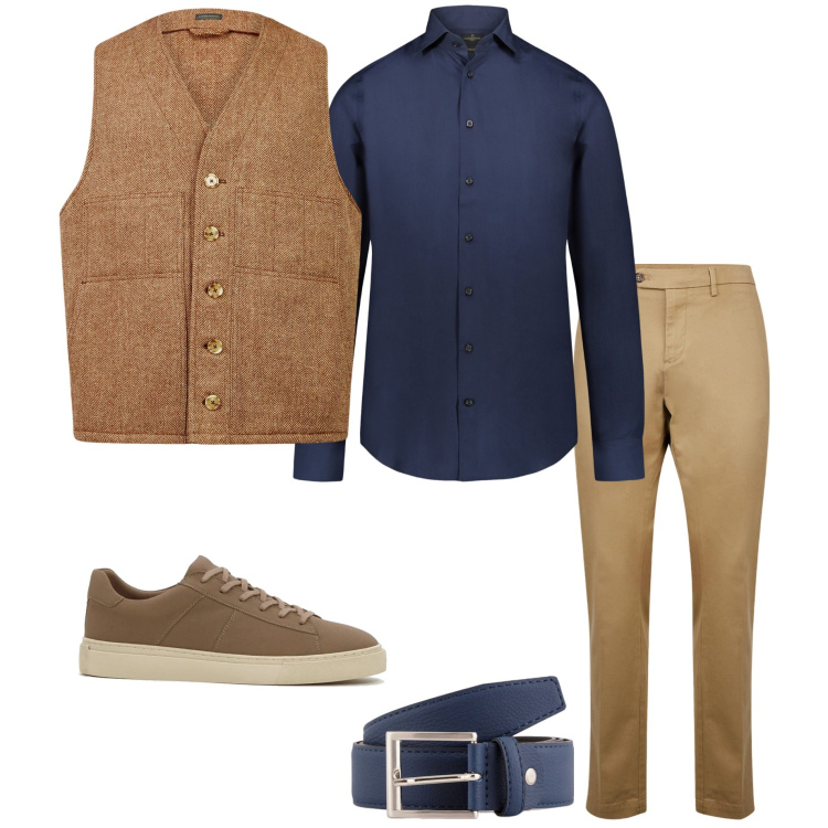 Outfit uomo - In ufficio. Stile Urban per Ufficio. Abbinamento con sneakers, pantaloni chino, camicie, gilet, cinture.