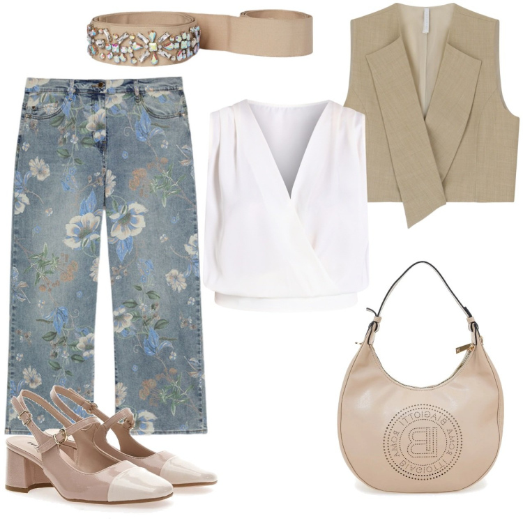 Outfit donna - Stile e comodità. Stile Casual chic per Ufficio. Abbinamento con top, gilet, borse a spalla, cinture, décolleté, jeans dritti.