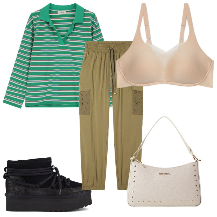 Outfit donna - Total look #2101373. Stile Trendy per Tutti i giorni. Abbinamento con borse a spalla, pantaloni cargo, polo, reggiseni, stivaletti.