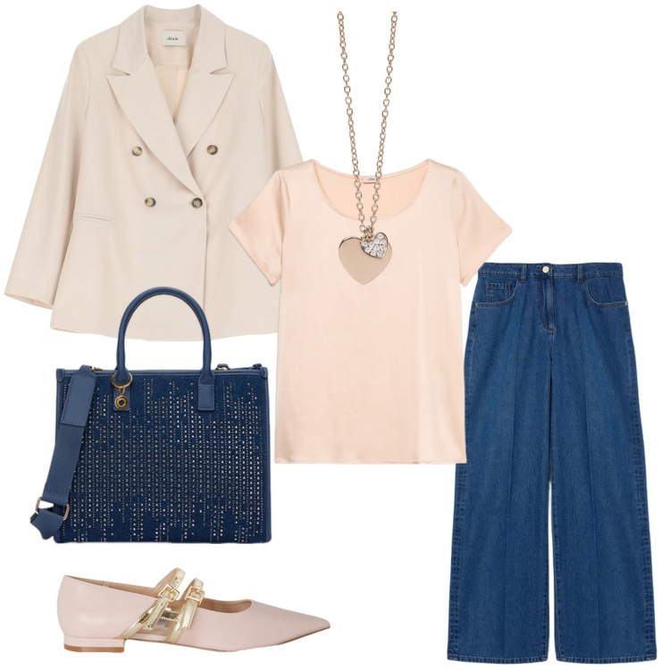 Outfit donna - Blu e cipria. Stile Casual chic per Ufficio. Abbinamento con ciondoli, blazer, borse a mano, jeans, bluse, ballerine.