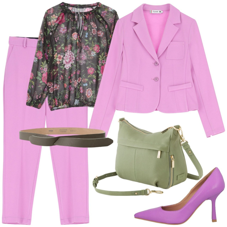 Outfit donna - Un tocco floreale. Stile Casual chic per Ufficio. Abbinamento con décolleté, pantaloni, blazer, cinture, bluse, borse a tracolla.