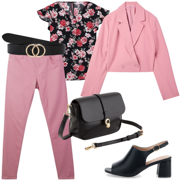 Outfit donna - Rosa e nero. Stile Casual chic per Ufficio. Abbinamento con bluse, blazer, pantaloni, cinture, sandali col tacco, borse a tracolla.
