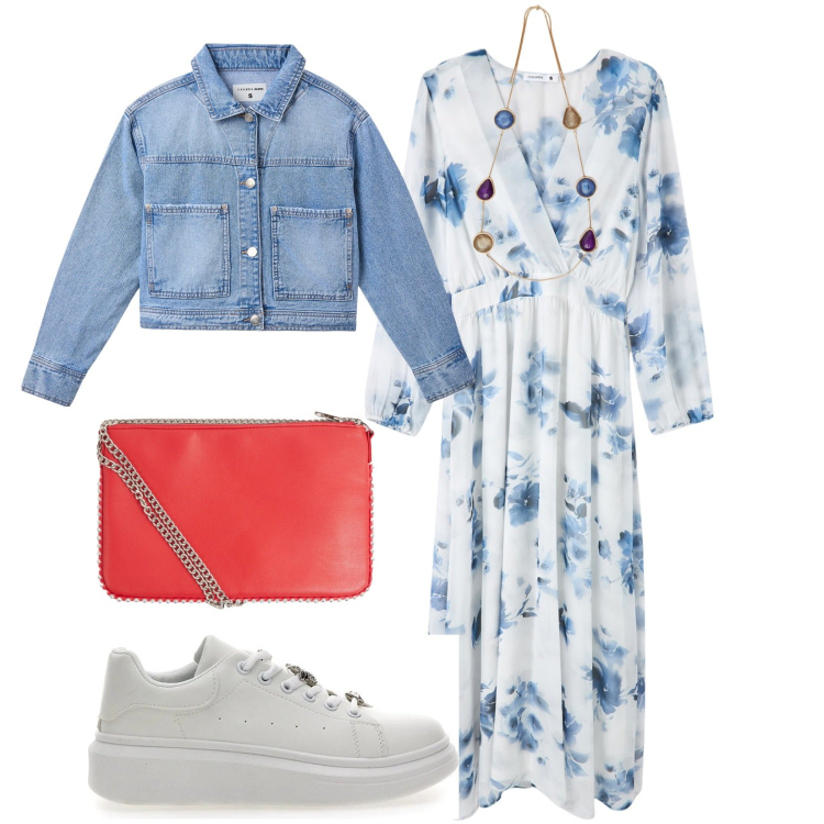 Outfit donna - Fiori e denim. Stile Basic per Tutti i giorni. Abbinamento con borse a tracolla, cappotti, vestiti lunghi, sneakers, collane.